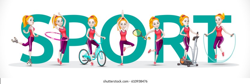 Sport activity. Women doing sports training. Vector set