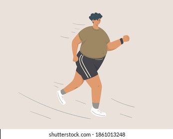 Sport activity, Young guy jogging, fat man running in summer sportswear. Cardio workout.