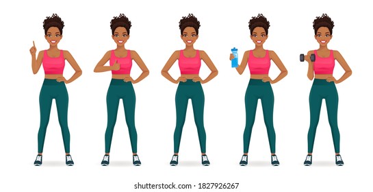 Deportiva afroafricana mujer en el juego de ropa deportiva ilustración vectorial aislada