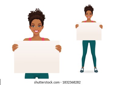 Sport african fitness woman in sportswear holding empty blank board isolated vector illustration