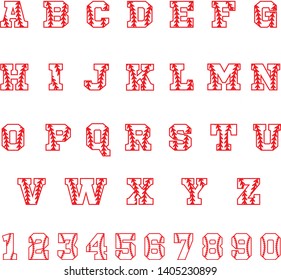 Sport Alphabet Letters and numbers on white background. Vintage sport font. Baseball Letters and numbers vector. Softball Font symbol. Baseball Stitches Letters and Numbers sign.