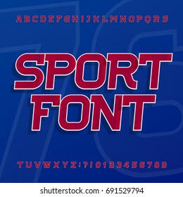 Sport alphabet vector font. Oblique typeface for labels, titles, posters or sportswear. Type letters and number on the blue background. 