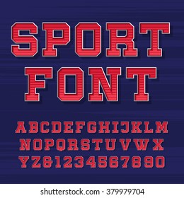 Sport alphabet vector font. Retro style typeface for labels, titles, posters or sportswear. Type letters and numbers on the dark background. 