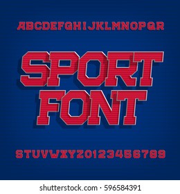 Sport alphabet vector font. Retro style typeface for labels, titles, posters or sportswear. Type letters and numbers on a blue background. 