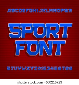 Sport alphabet vector font. Retro style typeface for labels, titles, posters or sportswear. Type letters and numbers on a red background. 