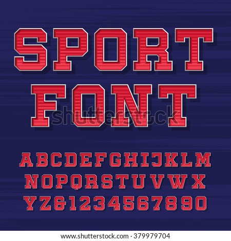 Sport alphabet vector font. Retro style typeface for labels, titles, posters or sportswear. Type letters and numbers on the dark background. 