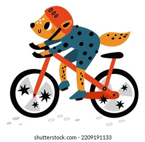 Sport animal. Cartoon athletes character. Cycle race. Fox riding bike. Bicycle kids competition. Isolated cycling forest mammal. Cyclist in helmet and sportswear. Vector