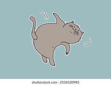 Sport. Animal, cartoon pet. Fat cat sticker. Cat doing gymnastics, yoga pose. Doodle, drawing. Background isolated.