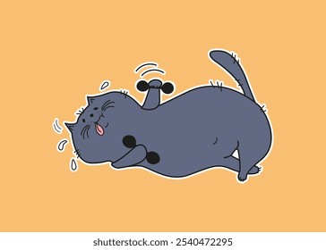 Sport. Tier, Karikatur-Haustier. Fette Katzenaufkleber. Katze, die Gymnastik mit Hanteln macht. Doodle, Zeichnung. Hintergrund einzeln.