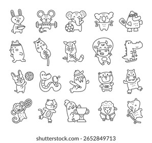 Sport animal characters set performing different activities using equipment and tools in cute outline line art cartoon for yours illustration and creative designs projects
