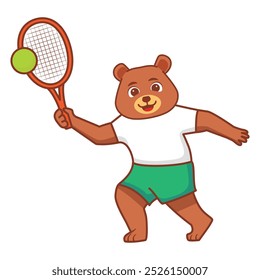 Jogador de tênis de urso bonito de animal de esporte. Cartoon urso engraçado jogando um tênis.Tênis urso logotipo.Urso esporte atleta.