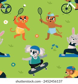 Sport animal seamless pattern. Animals athletes in park doing different workout. Childish fabric print design, cartoon decorative wrapping, classy vector background