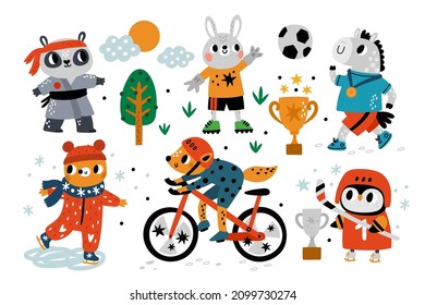 Sport animals. Cartoon athletes characters with equipment. Penguin playing hockey. Football or karate. Healthy lifestyle motivation. Fox on bicycle. Skiing and running