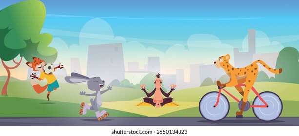 Sport animals. Fitness characters cute animals in action poses doing exercises exact vector template