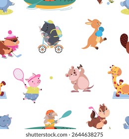 Sport animals seamless pattern. Cartoon kangaroo, beaver, pig, hamster, giraffe workout. Funny print for wallpaper, fabric, wrapping, vector background