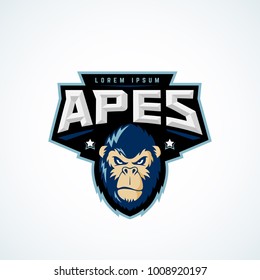 Sport Apes Abstract Vector Sign, Emblem or Logo Template. Classic Sport Team Mascot Label. Angry Gorilla Face with Typography. Isolated.