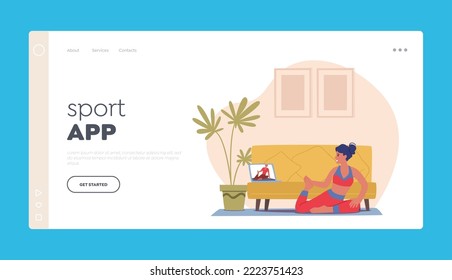 Sport App Landing Page Template. Woman Sport Activity at Home with Online Instructor. Female Character Watching Fitness, Yoga or Aerobic Exercises on Laptop, Healthy Life. Cartoon Vector Illustration