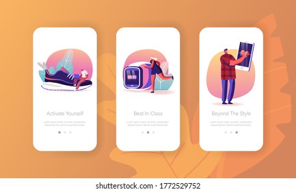 Sport App Mobile Page Onboard Screen Template. Tiny Characters Use Smart Watch and Cellphone Application to Monitor Health Performance after Fitness Workout Concept. Cartoon People Vector Illustration