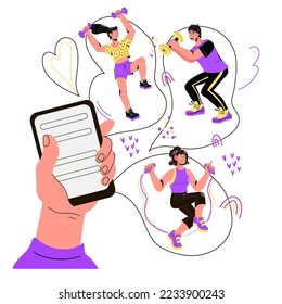 Sport-App für Online-Workout, flache Vektorgrafik einzeln auf weißem Hintergrund. Mobile-Telefon-Fitness-Anwendung.