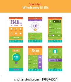 Sport app wireframe UI kit. Running activity app. Main screen, Running screen, Activity screen, Running results screen, Calendar screen, Profile screen, Statistics. Colorful quality running sport app.