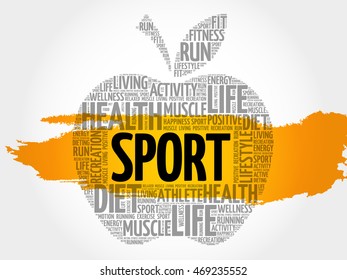 SPORT apple word cloud collage, health concept background