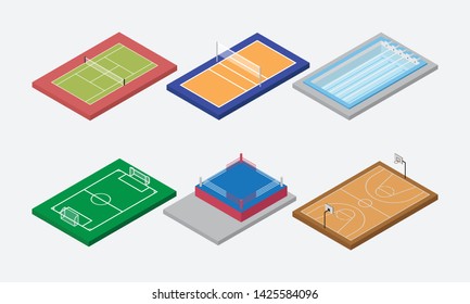 Sport Arena And Field Set Isometric Vector