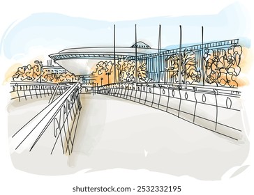 Arena deportiva en Katowice llamada Spodek, durante el otoño Silesia, Polonia - Ilustración vectorial