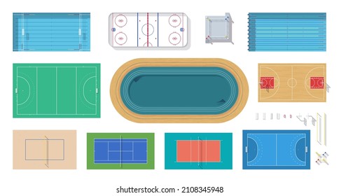 Sport arenas set. Top view. Courts, rinks, polls, playgrounds with goals, nets  shadows. Outdoor sports. Collection