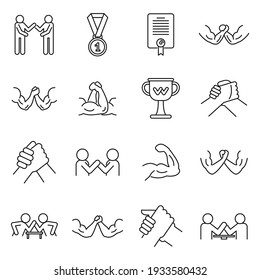 Sport arm wrestling icons set. Outline set of sport arm wrestling vector icons for web design isolated on white background