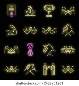 Sport arm wrestling icons set. Outline set of sport arm wrestling vector icons neon color on black