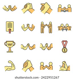 Sport arm wrestling icons set. Outline set of sport arm wrestling vector icons thin line color flat on white