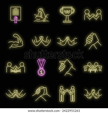 Sport arm wrestling icons set. Outline set of sport arm wrestling vector icons neon color on black [[stock_photo]] © 