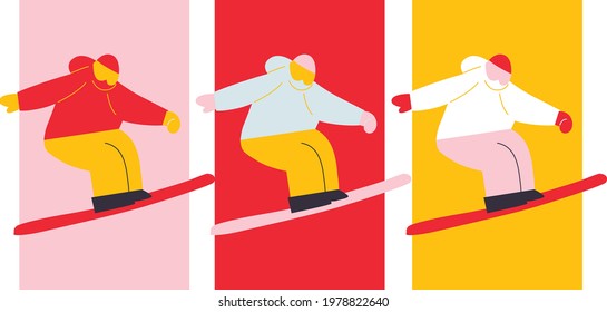 Sport art 2024. Sportsmen having fun on ski resort. Cartoon flat vector illustration. Winter time. Season Holidays. Travel activity entertainment. 