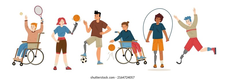Sport athlete people with different disabilities. Vector flat illustration of active characters with prosthesis and in wheelchair training, play basketball, tennis and soccer, jogging - Shutterstock ID 2164724057