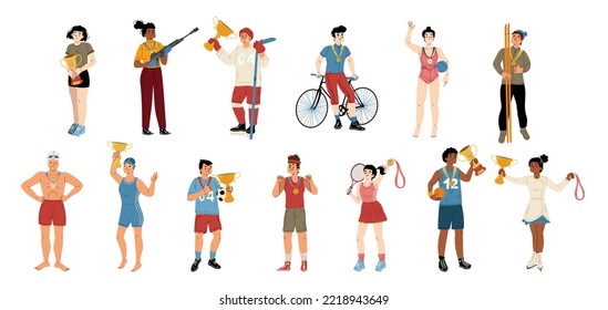Sport athletes champions with gold medals and cups. Diverse sportsmen win prize in competition, soccer, tennis, hockey, basketball, biathlon vector hand drawn illustration