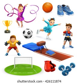 Sport, athletes and equipment vector icons set