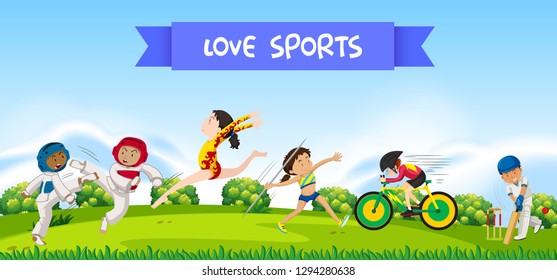 Sport athletes in nature illustration