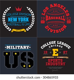 Sport athletic champions college baseball football military logo emblem collection. Vector Graphics and typography t-shirt design for apparel. Colored version.