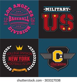 Sport athletic champions college varcity baseball football logo emblem collection. Vector Graphics and typography t-shirt design for apparel. Isolated very easy to use. Colored version.