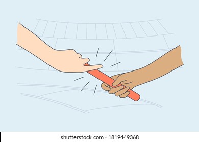 Sport, athletics, championship, race concept. Human cartoon character african american hand gives passing baton to male female partner athelte runner arm. Active lifestyle and competition illustration