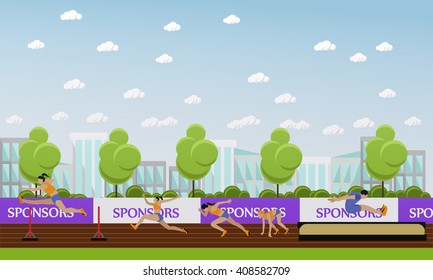 Sport of athletics concept vector illustration. Track and field competition games. Sportsman running, jumping and throwing. Sport venue (stadium) interior.