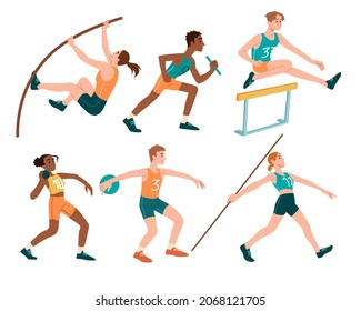 Sport of athletics Set. Men and women run marathon, jump over obstacles, throw shot, spear or disc. Strong characters in competitions. Cartoon flat vector collection isolated on white background