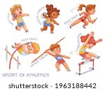Sport of athletics. Set. Shot put, Discus throw, Relay race, Pole vault, Javelin throw, Steeplechase, Long jump, Marathon. Cartoon characters. Funny vector illustration. Isolated on white background