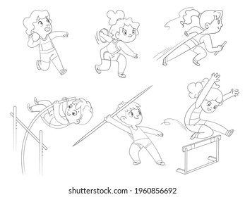 Sport of athletics. Set. Shot put, Discus throw, Relay race, Pole vault, Javelin throw, Steeplechase, Long jump, Marathon. Cartoon characters. Funny vector illustration. Coloring book