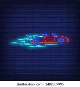 Sport auto driving fast neon sign. Glowing neon automobile. Race, competition, motor car. Night bright advertisement. Vector illustration in neon style for shop, business