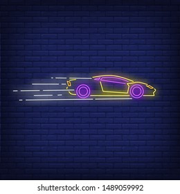 Sport auto increasing speed neon sign. Glowing neon automobile. Race, competition, motor car. Night bright advertisement. Vector illustration in neon style for shop, business
