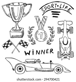 Sport auto items doodles elements. Hand drawn set with Flag icon. Checkered or racing flags first place prize cup. medal and racing car, race vector illustration. Drawing doodle collection isolated