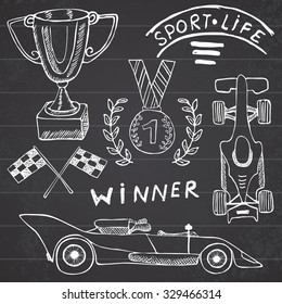 Sport Auto Items Doodles Elements. Hand Drawn Set With Flag Icon. Checkered Or Racing Flags First Place Prize Cup. Medal, Racing Car, Race Vector Illustration. Drawing Doodle Collection On Chalkboard.