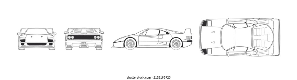 Automóvil deportivo. Vista lateral y trasera del coche dibujado a mano. Ilustración del vector