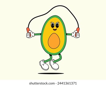 Sport Avocado jumps rope. Character of Healthy food. Retro Vector illustration